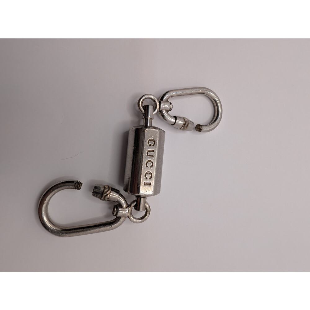 Gucci Double Carabiner Keychain Cylinder Logo Silver Tone Made in Italy - Picture 6 of 6